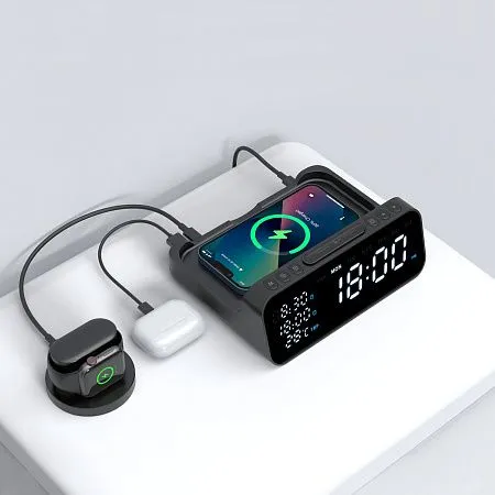 Настольные часы 6в1 с беспроводной зарядкой 10W, Orion, черный цвет