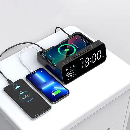 Настольные часы 6в1 с беспроводной зарядкой 10W, Orion, черный цвет