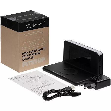 Часы настольные с беспроводным зарядным устройством Pitstop, черный
