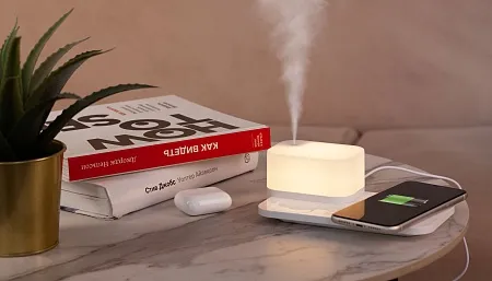 Настольная беспроводная (15W) зарядная станция  "Smart Base" с увлажнителем и лампой