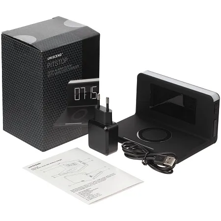 Часы настольные с беспроводным зарядным устройством Pitstop, черный