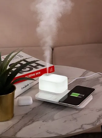 Настольная беспроводная (15W) зарядная станция  "Smart Base" с увлажнителем и лампой