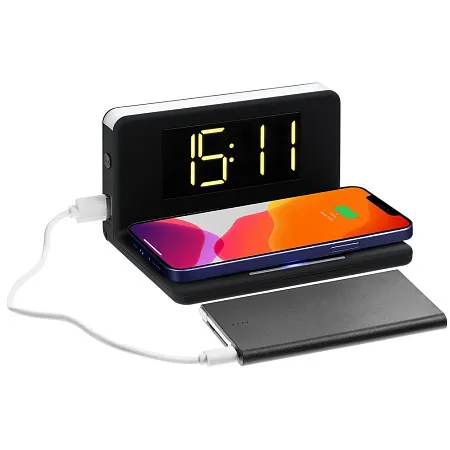 Часы настольные с беспроводным зарядным устройством Pitstop, черный