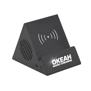 Bluetooth колонка-подставка 3Вт с беспроводным зарядным устройством и подсветкой (белая) логотипа, чёрная