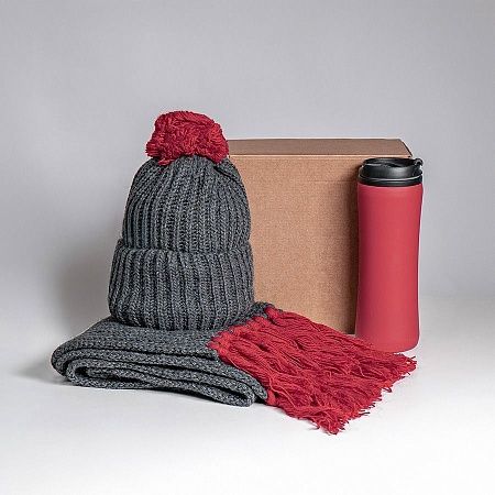 Набор подарочный COLD NIGHT: шарф и шапка, термокружка; красный