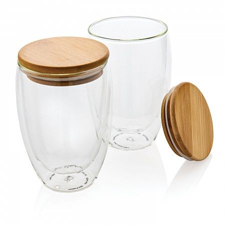 Набор стаканов из боросиликатного стекла с двойными стенками и бамбуковой крышкой, 350 мл, 2 шт.