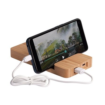 Беспроводное (10W) зарядное устройство "Bamboo Power" 5000 mAh с подставкой под смартфон, бамбук