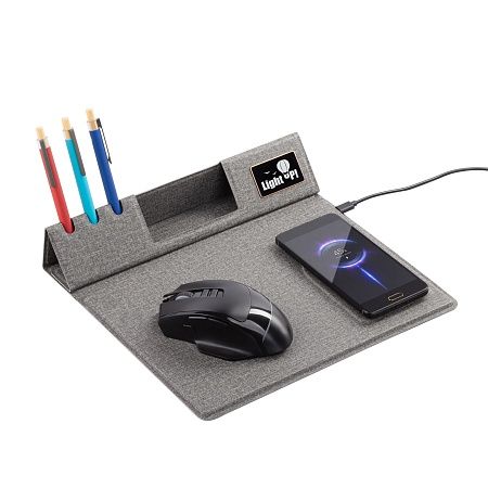Настольная складная подставка "Cool Mat" с беспроводным (15W) зарядным устройством, сенсорной подсветкой логотипа и ковриком для мыши